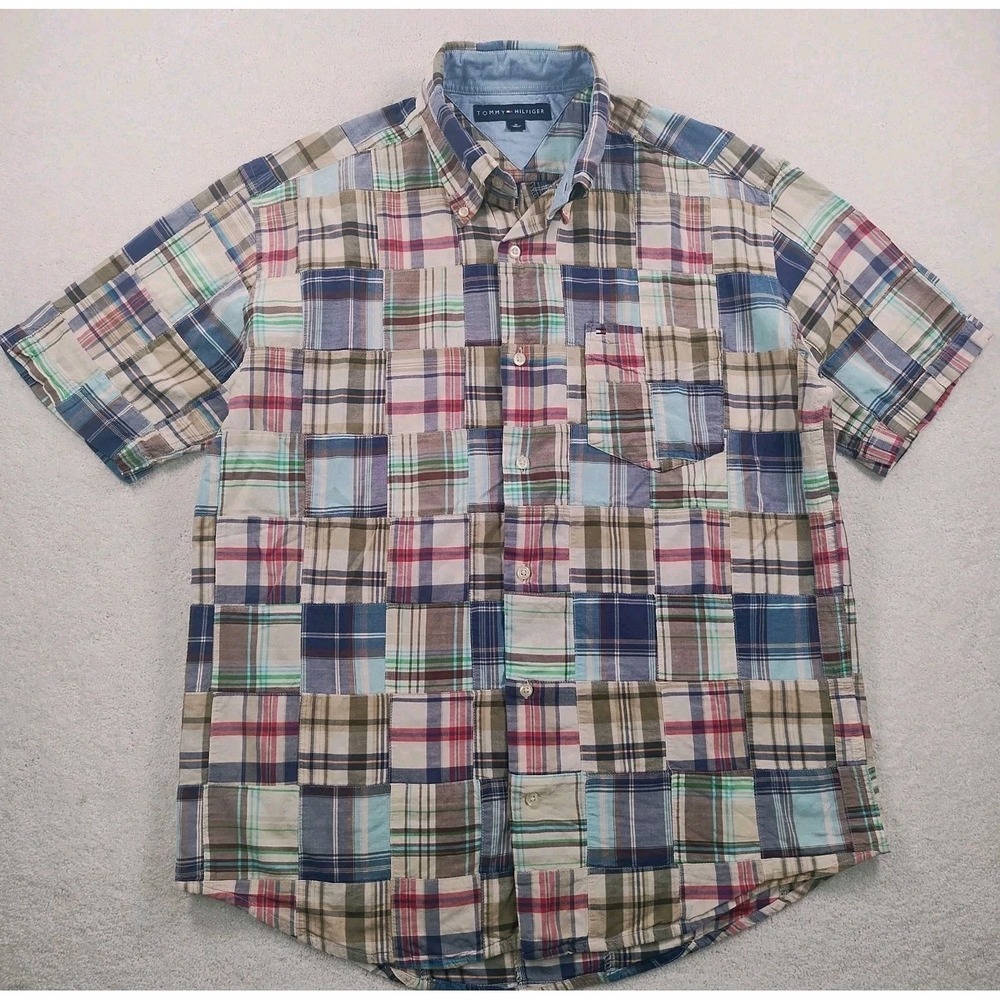 VTG Tommy Hilfiger Shirt Men's M Plaid Patchwork S/S Button Down Preppy Y2K 90's